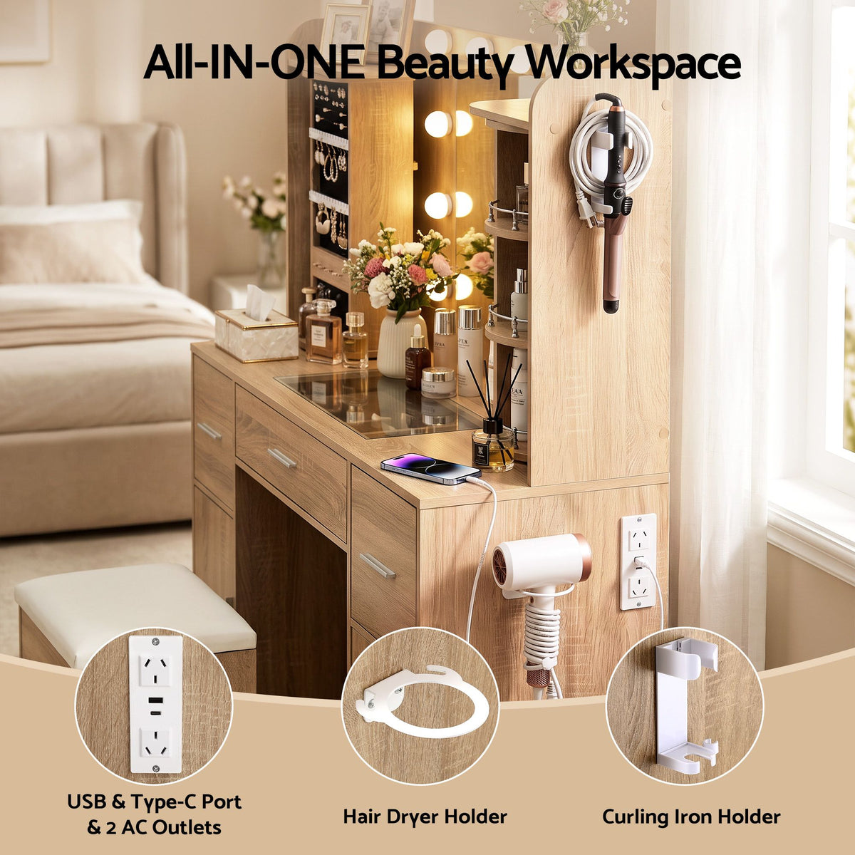 Artiss Dressing Table Vanity Desk LED Mirror Stool Set Charging Station Glass Top Rotating Shelf Wood-Furniture > Bedroom > Dressing Vanity &amp; Dressing Tables-PEROZ Accessories