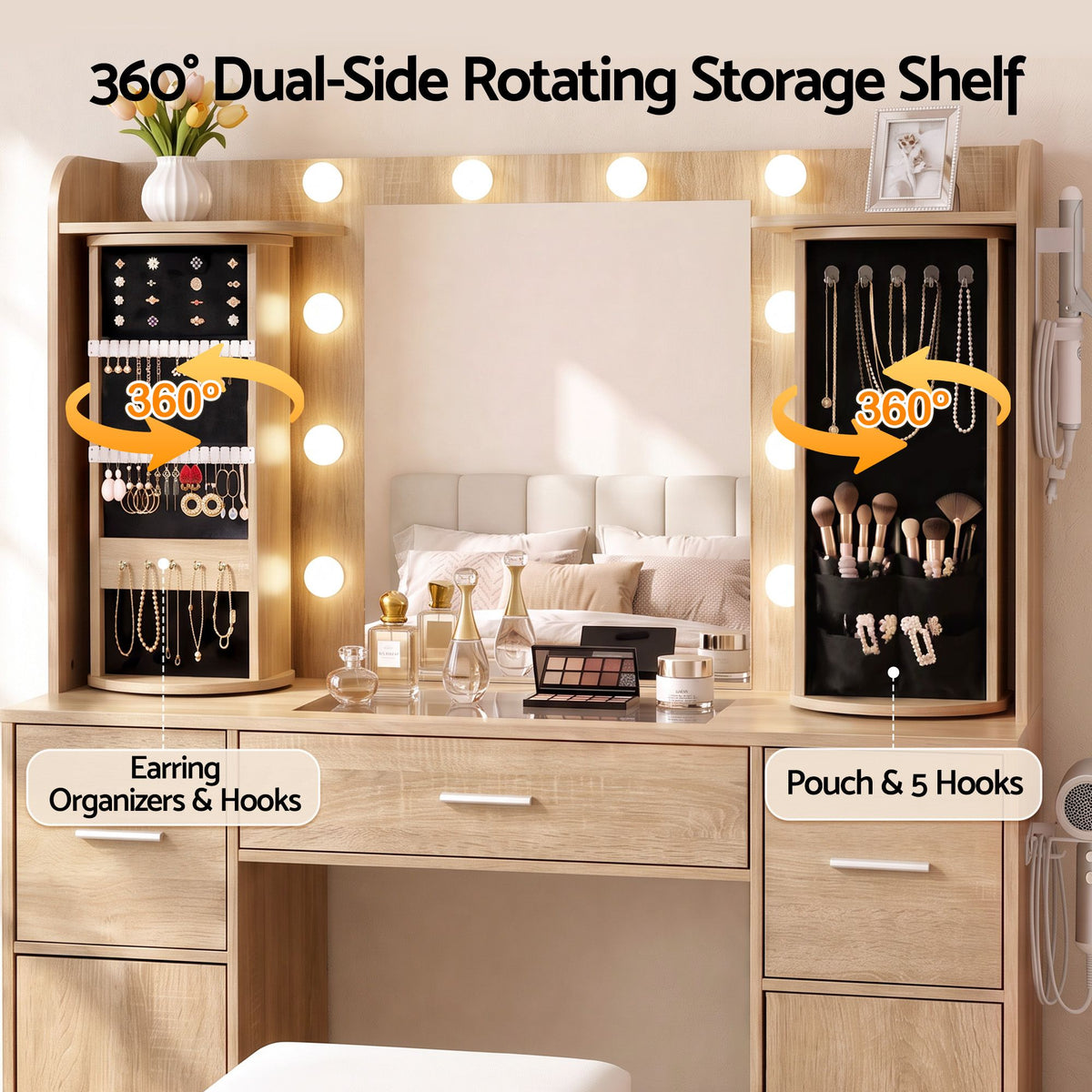 Artiss Dressing Table Vanity Desk LED Mirror Stool Set Charging Station Glass Top Rotating Shelf Wood-Furniture > Bedroom > Dressing Vanity &amp; Dressing Tables-PEROZ Accessories