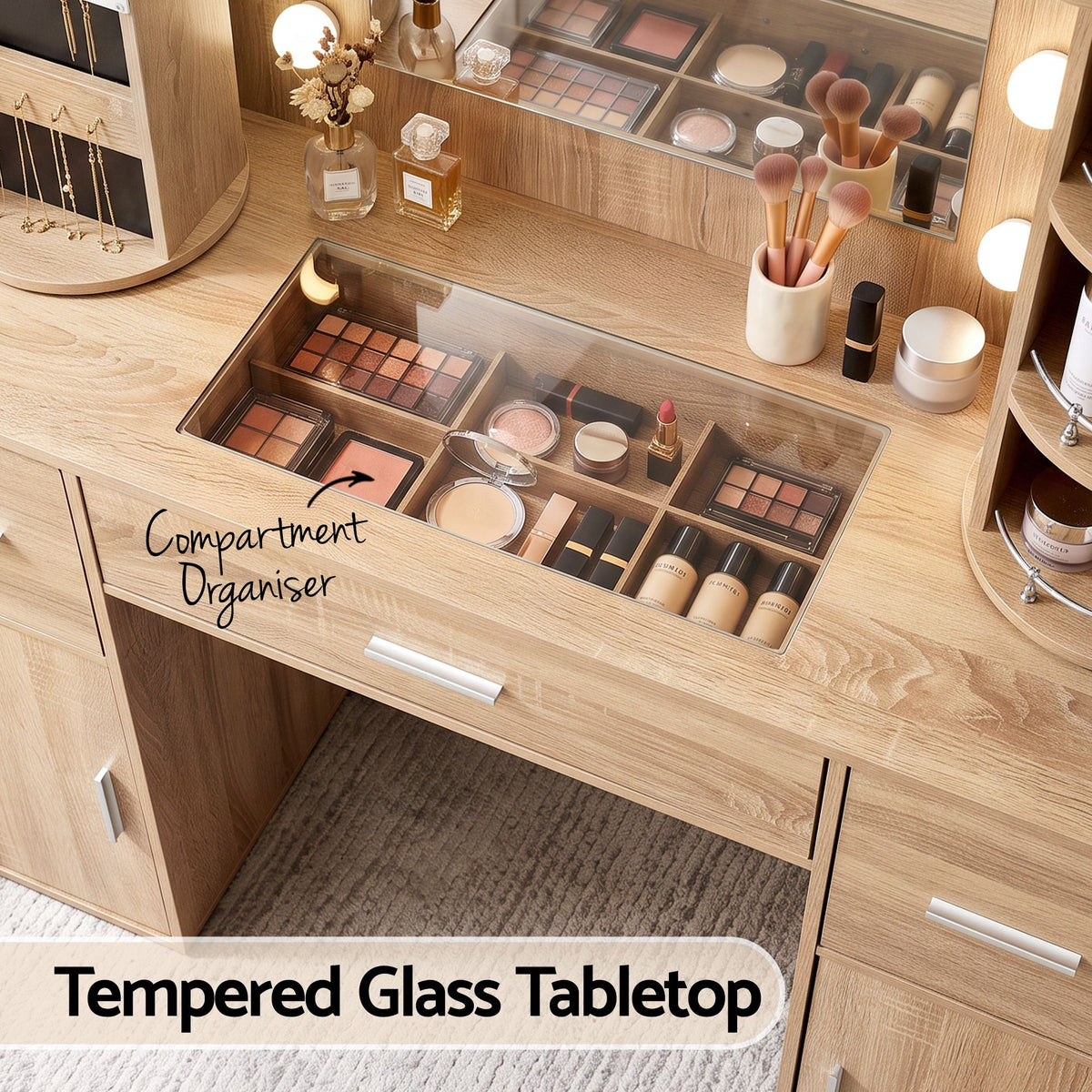Artiss Dressing Table Vanity Desk LED Mirror Stool Set Charging Station Glass Top Rotating Shelf Wood-Furniture > Bedroom > Dressing Vanity &amp; Dressing Tables-PEROZ Accessories