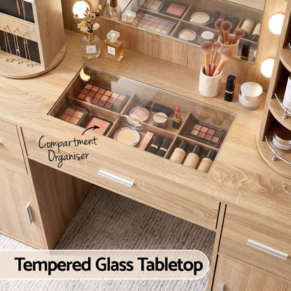 Artiss Dressing Table Vanity Desk LED Mirror Stool Set Charging Station Glass Top Rotating Shelf Wood-Furniture > Bedroom > Dressing Vanity &amp; Dressing Tables-PEROZ Accessories