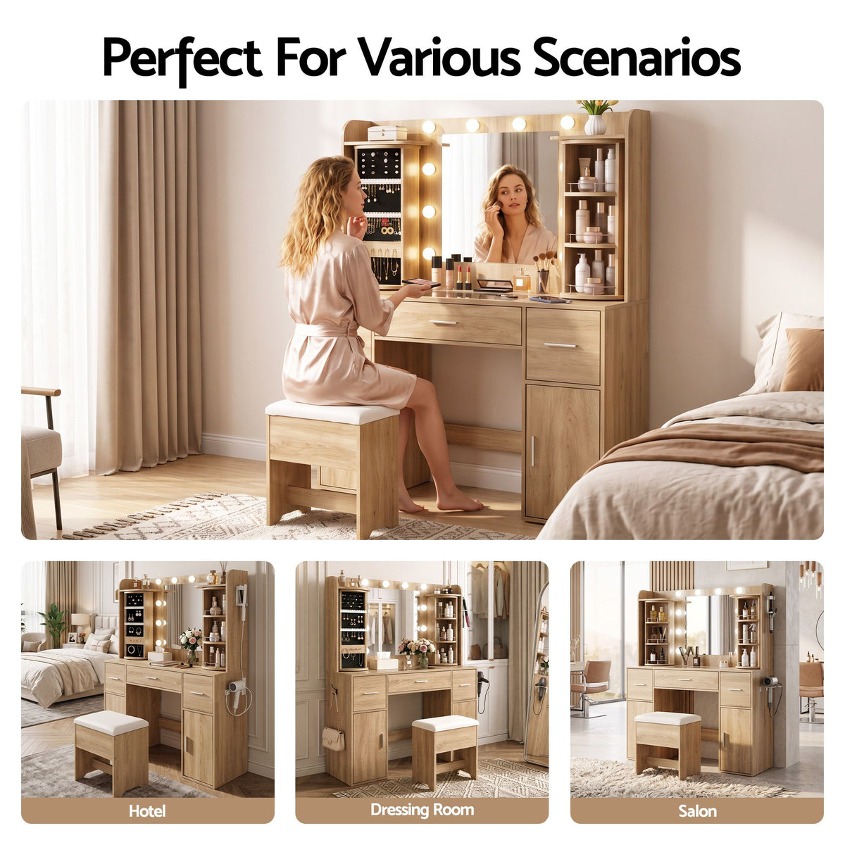 Artiss Dressing Table Vanity Desk LED Mirror Stool Set Charging Station Glass Top Rotating Shelf Wood-Furniture > Bedroom > Dressing Vanity &amp; Dressing Tables-PEROZ Accessories