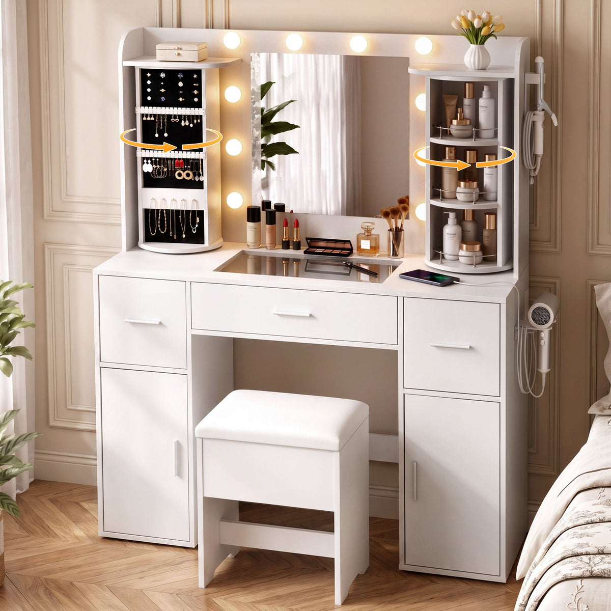 Artiss Dressing Table Vanity Desk LED Mirror Stool Set Charging Station Glass Top Rotating Shelf White-Furniture > Bedroom > Dressing Vanity &amp; Dressing Tables-PEROZ Accessories