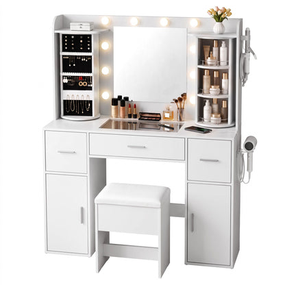 Artiss Dressing Table Vanity Desk LED Mirror Stool Set Charging Station Glass Top Rotating Shelf White-Furniture > Bedroom > Dressing Vanity &amp; Dressing Tables-PEROZ Accessories