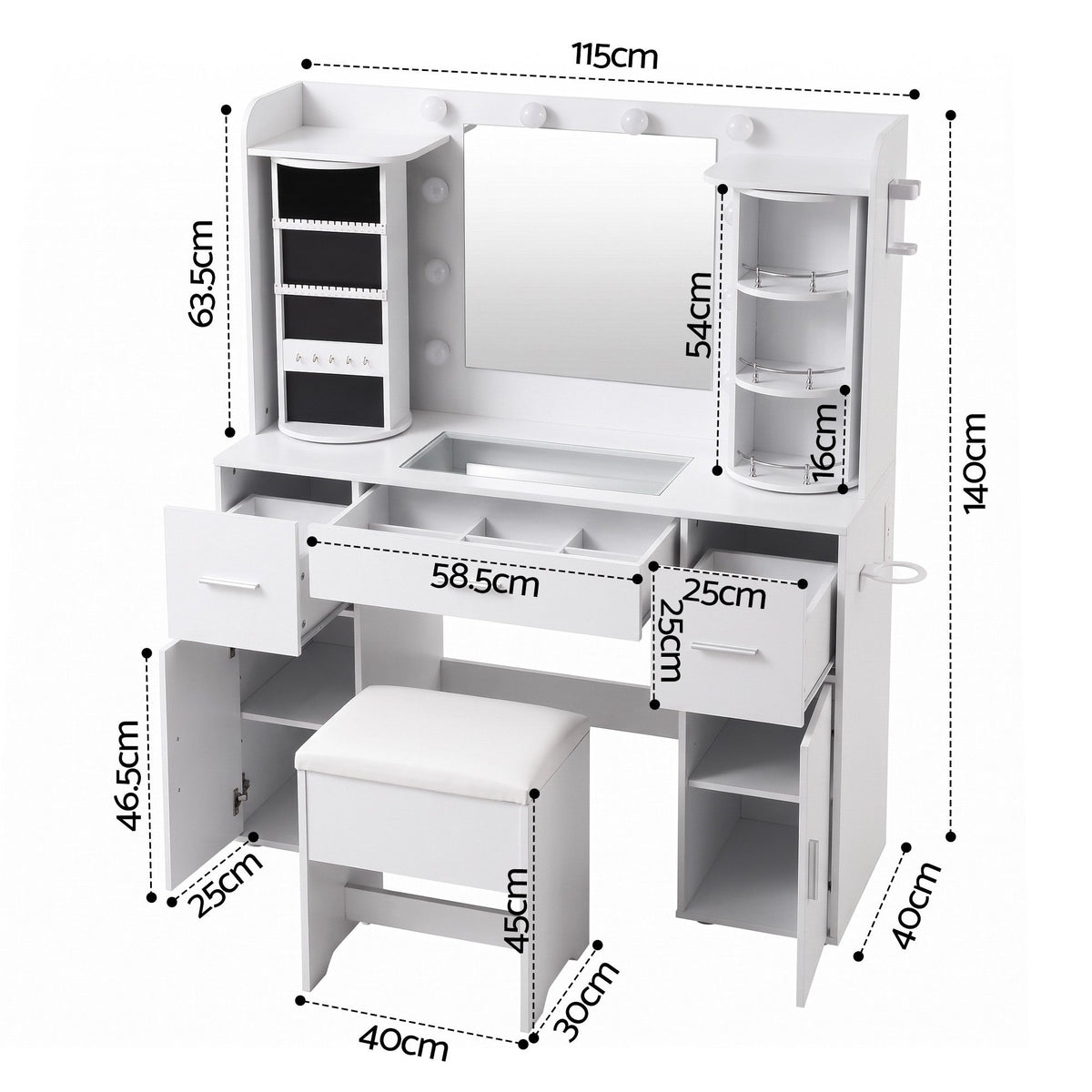 Artiss Dressing Table Vanity Desk LED Mirror Stool Set Charging Station Glass Top Rotating Shelf White-Furniture > Bedroom > Dressing Vanity &amp; Dressing Tables-PEROZ Accessories