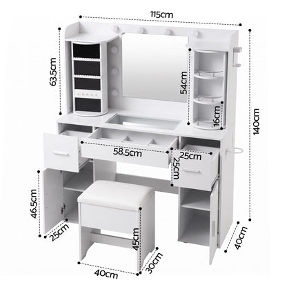 Artiss Dressing Table Vanity Desk LED Mirror Stool Set Charging Station Glass Top Rotating Shelf White-Furniture > Bedroom > Dressing Vanity &amp; Dressing Tables-PEROZ Accessories