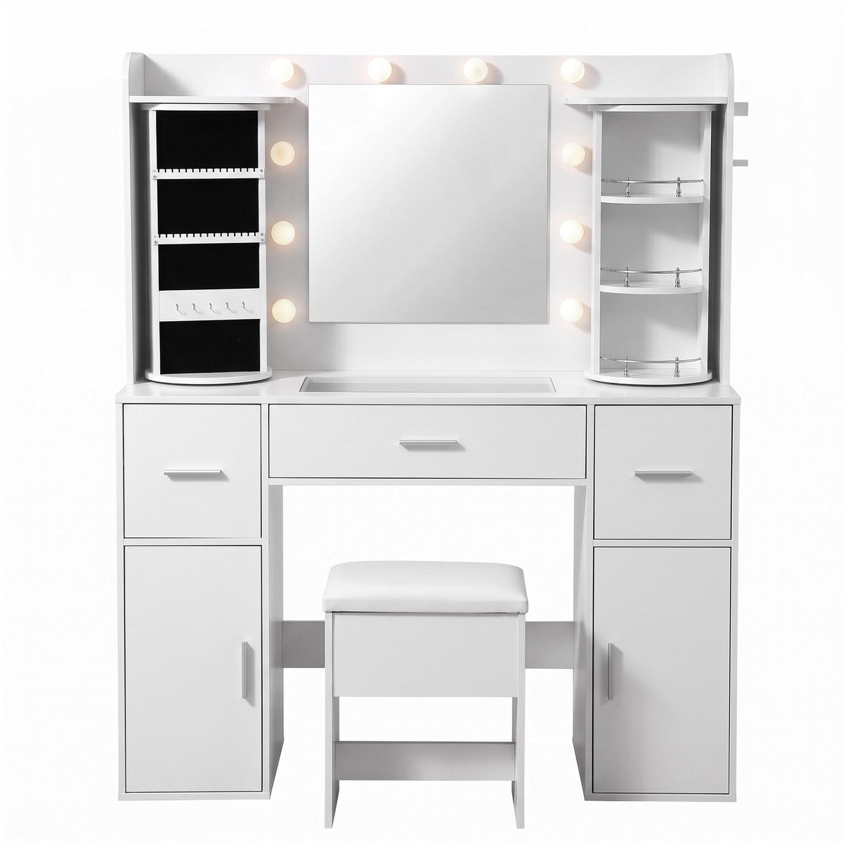 Artiss Dressing Table Vanity Desk LED Mirror Stool Set Charging Station Glass Top Rotating Shelf White-Furniture > Bedroom > Dressing Vanity &amp; Dressing Tables-PEROZ Accessories