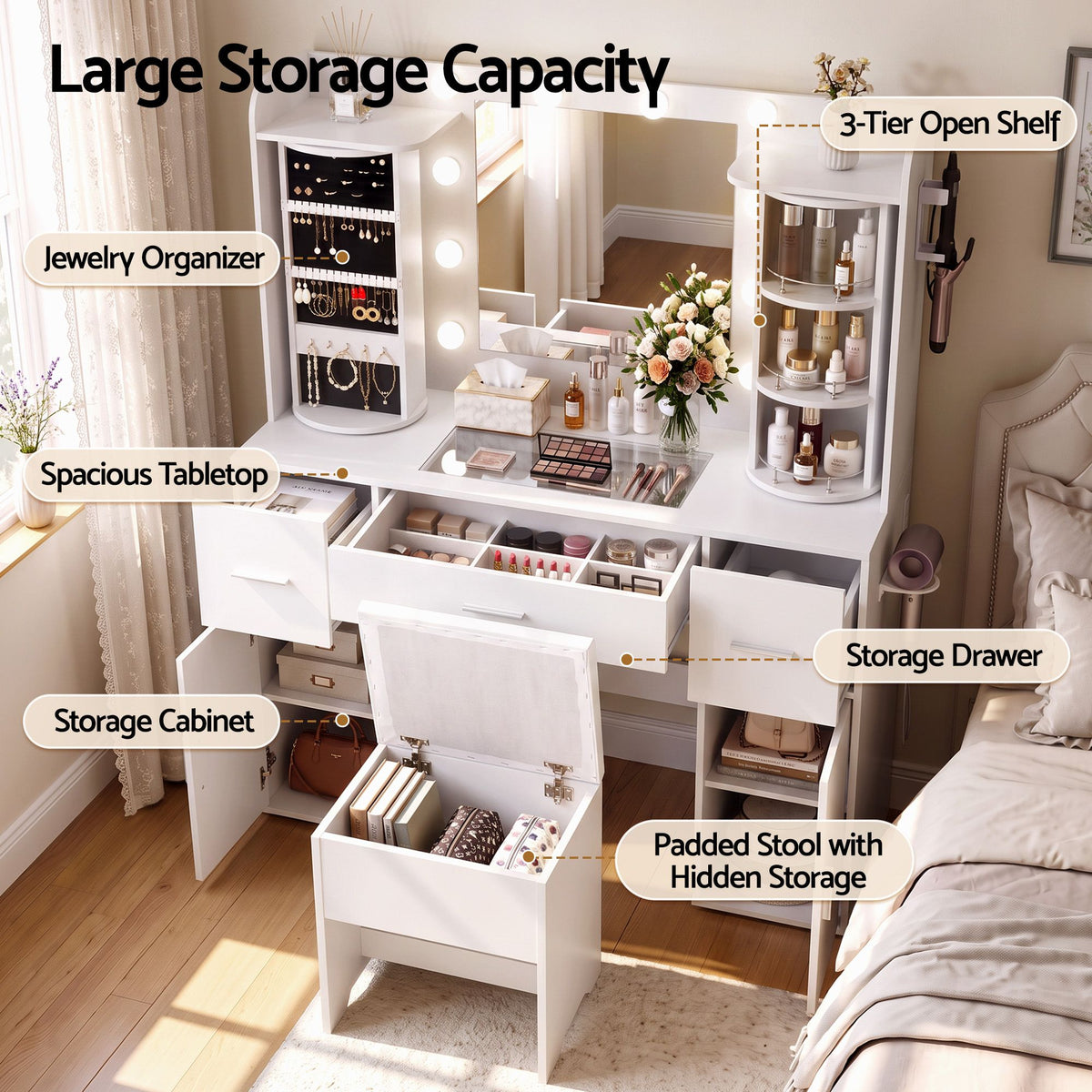 Artiss Dressing Table Vanity Desk LED Mirror Stool Set Charging Station Glass Top Rotating Shelf White-Furniture > Bedroom > Dressing Vanity &amp; Dressing Tables-PEROZ Accessories