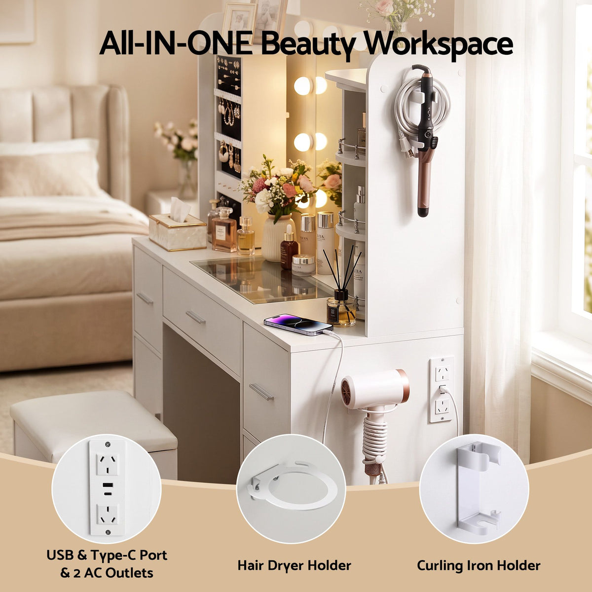 Artiss Dressing Table Vanity Desk LED Mirror Stool Set Charging Station Glass Top Rotating Shelf White-Furniture > Bedroom > Dressing Vanity &amp; Dressing Tables-PEROZ Accessories