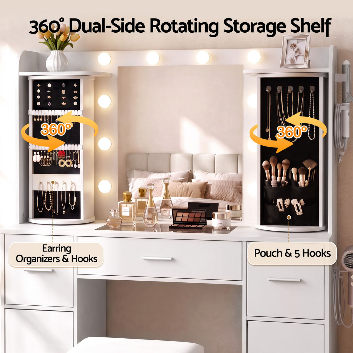 Artiss Dressing Table Vanity Desk LED Mirror Stool Set Charging Station Glass Top Rotating Shelf White-Furniture > Bedroom > Dressing Vanity &amp; Dressing Tables-PEROZ Accessories