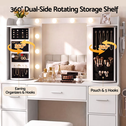 Artiss Dressing Table Vanity Desk LED Mirror Stool Set Charging Station Glass Top Rotating Shelf White-Furniture > Bedroom > Dressing Vanity &amp; Dressing Tables-PEROZ Accessories