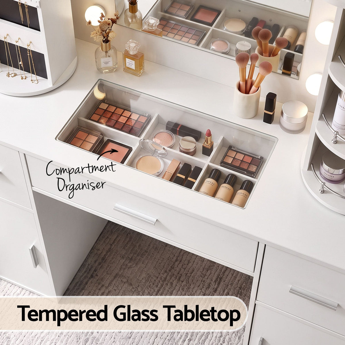 Artiss Dressing Table Vanity Desk LED Mirror Stool Set Charging Station Glass Top Rotating Shelf White-Furniture > Bedroom > Dressing Vanity &amp; Dressing Tables-PEROZ Accessories