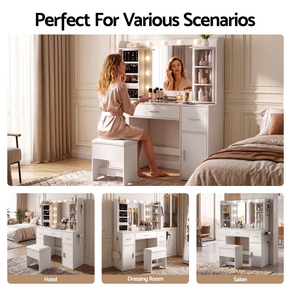 Artiss Dressing Table Vanity Desk LED Mirror Stool Set Charging Station Glass Top Rotating Shelf White-Furniture > Bedroom > Dressing Vanity &amp; Dressing Tables-PEROZ Accessories