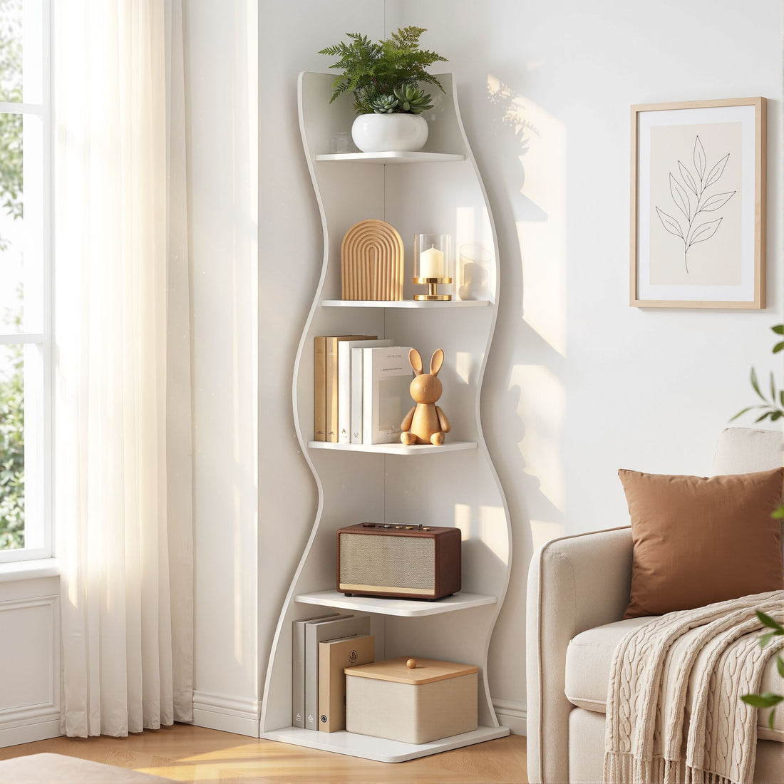 Artiss 5-Tier Bookshelf Corner Shelf S-shaped Storage Rack White-Furniture > Living Room > Bookcases &amp; Shelves-PEROZ Accessories