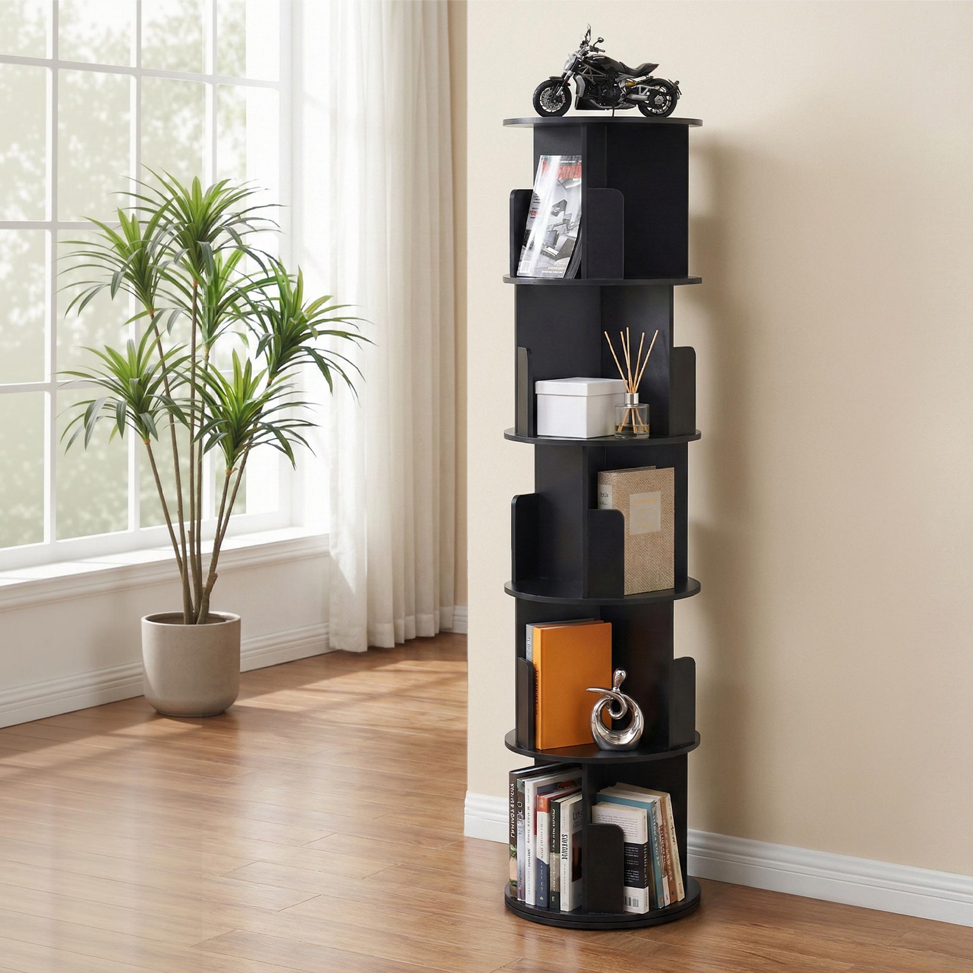 Artiss 5 Tiers Bookshelf Swivel Bookcase Display Shelves Stand Round Black-Furniture > Living Room > Bookcases &amp; Shelves-PEROZ Accessories