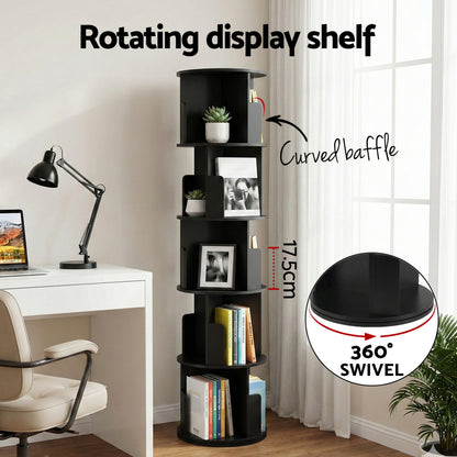 Artiss 5 Tiers Bookshelf Swivel Bookcase Display Shelves Stand Round Black-Furniture > Living Room > Bookcases &amp; Shelves-PEROZ Accessories
