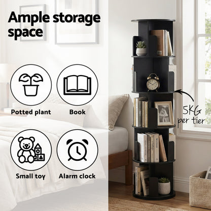 Artiss 5 Tiers Bookshelf Swivel Bookcase Display Shelves Stand Round Black-Furniture > Living Room > Bookcases &amp; Shelves-PEROZ Accessories