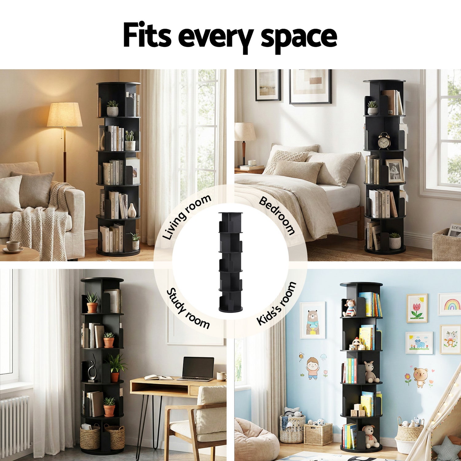 Artiss 5 Tiers Bookshelf Swivel Bookcase Display Shelves Stand Round Black-Furniture > Living Room > Bookcases &amp; Shelves-PEROZ Accessories