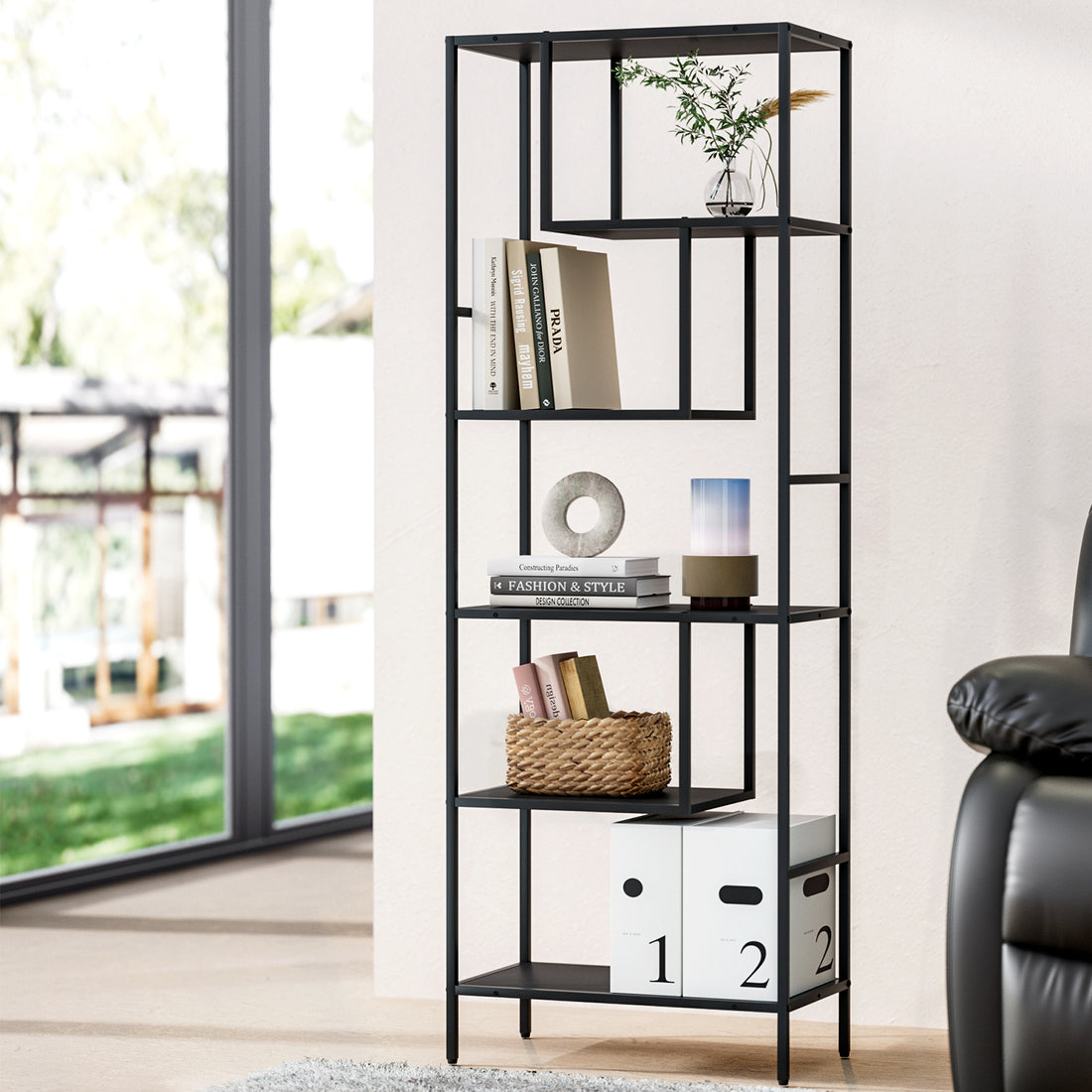 Artiss Bookshelf 5 Tiers RHYS Black-Furniture &gt; Living Room-PEROZ Accessories