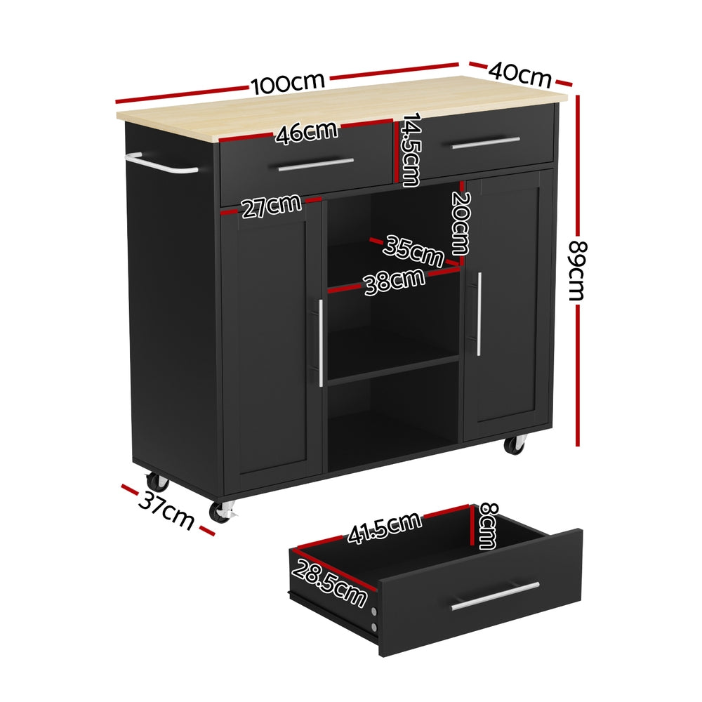 Artiss Kitchen Island Trolley Rolling Serving Cart Storage Drawer Cabinet 100cm Black-Tools &gt; Tools Storage &gt; Work Benches-PEROZ Accessories