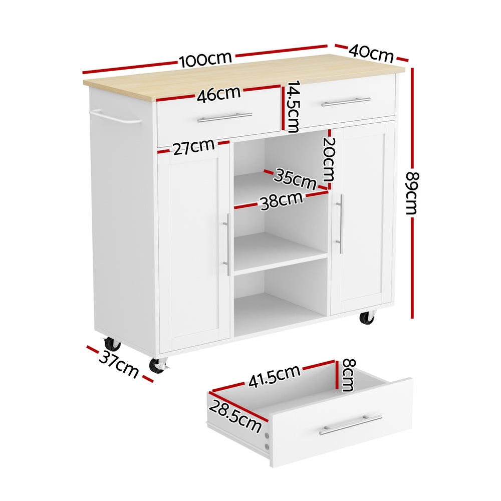 Artiss Kitchen Island Trolley Rolling Serving Cart Storage Drawer Cabinet 100cm White-Tools &gt; Tools Storage &gt; Work Benches-PEROZ Accessories