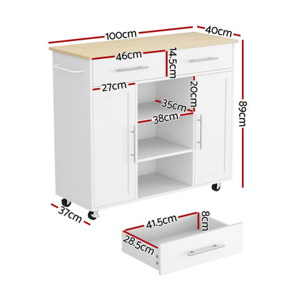 Artiss Kitchen Island Trolley Rolling Serving Cart Storage Drawer Cabinet 100cm White-Tools &gt; Tools Storage &gt; Work Benches-PEROZ Accessories