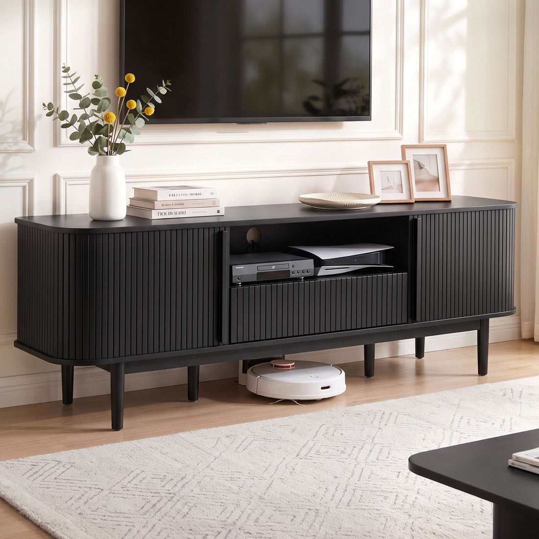 Artiss 160cm TV Unit Storage Drawer Curved Edge Sliding Fluted Style Door Black-Furniture > Living Room > TV Units-PEROZ Accessories