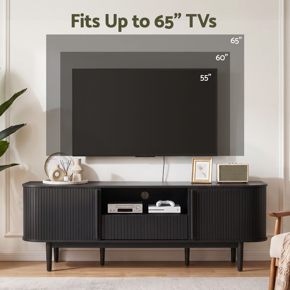 Artiss 160cm TV Unit Storage Drawer Curved Edge Sliding Fluted Style Door Black