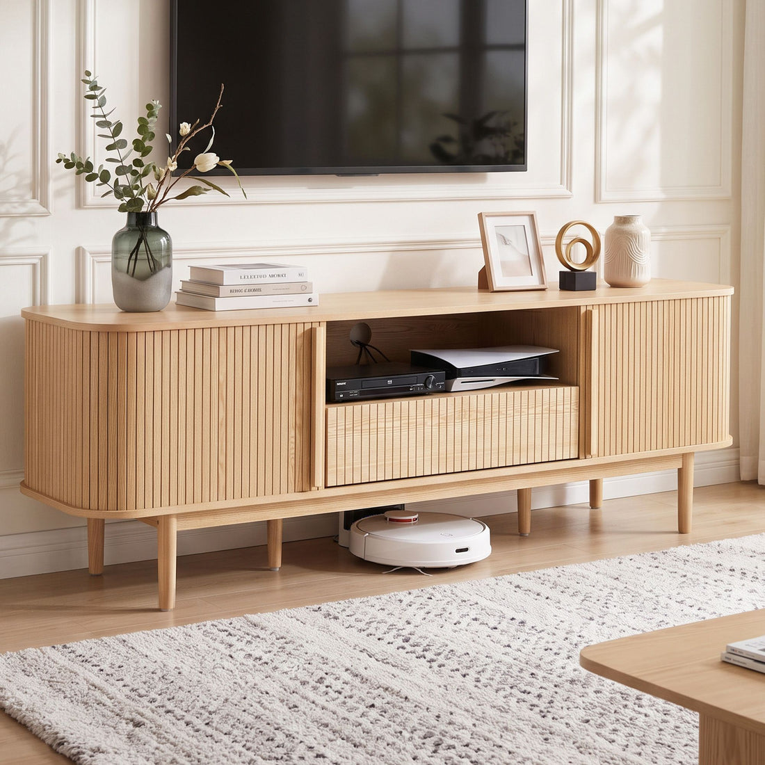 Artiss 160cm TV Unit Storage Drawer Curved Edge Sliding Fluted Style Door Pine-Furniture > Living Room > TV Units-PEROZ Accessories
