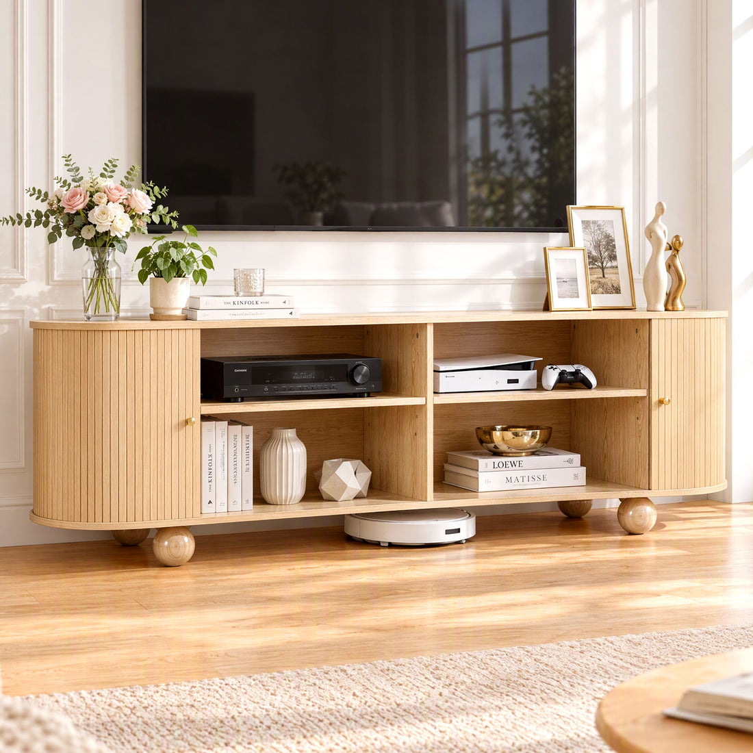 Artiss 180cm TV Unit Storage Shelf Curved Edge Sliding Fluted Style Door Pine-Furniture > Living Room > TV Units-PEROZ Accessories