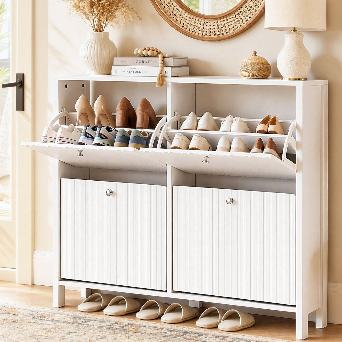 Artiss Shoe Cabinet 4 Flip Drawers Fluted Style Adjustable Shelves White-Furniture > Living Room > Shoe Storage-PEROZ Accessories