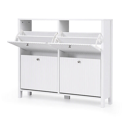 Artiss Shoe Cabinet 4 Flip Drawers Fluted Style Adjustable Shelves White
