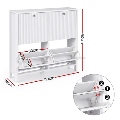 Artiss Shoe Cabinet 4 Flip Drawers Fluted Style Adjustable Shelves White