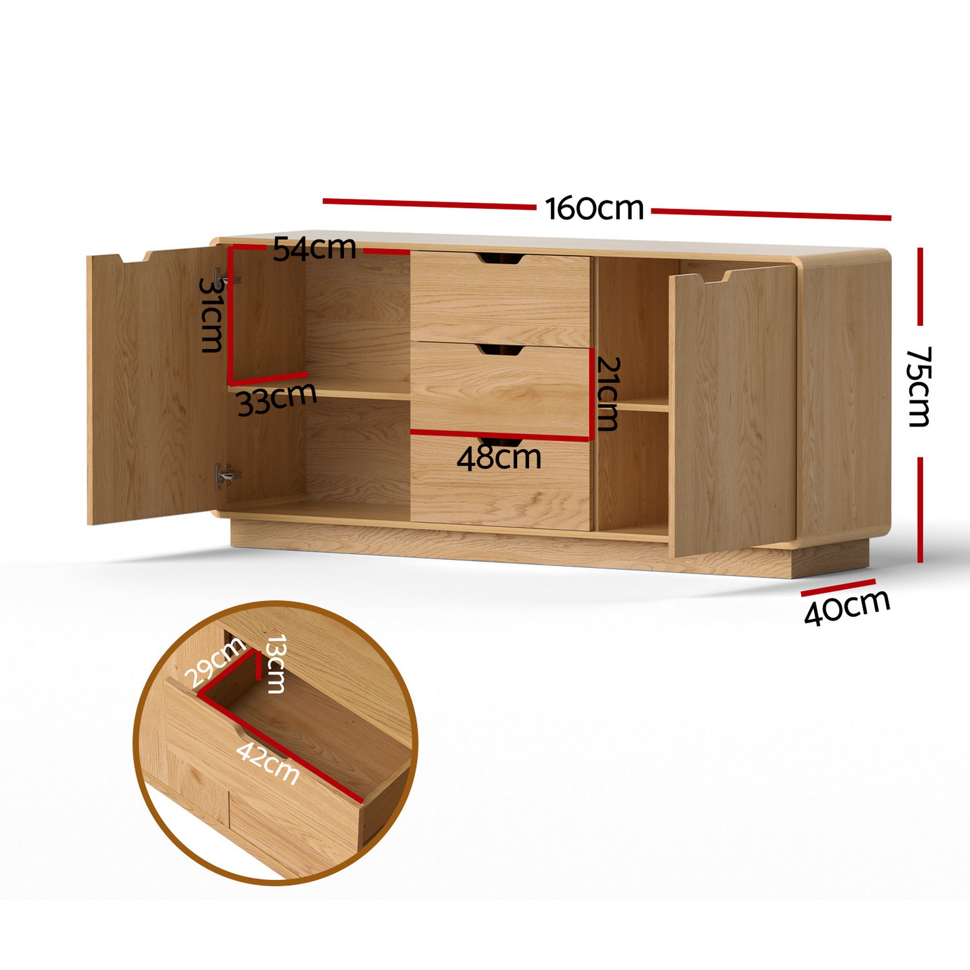 Artiss Buffet Sideboard Cabinet Storage Kitchen Cupboard Drawers Round Edge Oak-Furniture > Dining > Buffets &amp; Sideboards-PEROZ Accessories