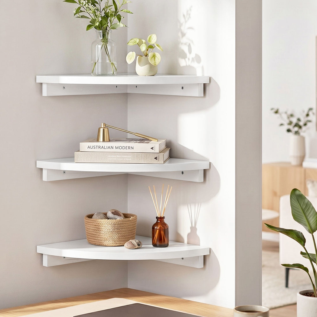 Artiss 3pc Corner Floating Wall Shelf Wall Mounted Display Rack Round Edge White-Furniture > Living Room > Bookcases &amp; Shelves-PEROZ Accessories
