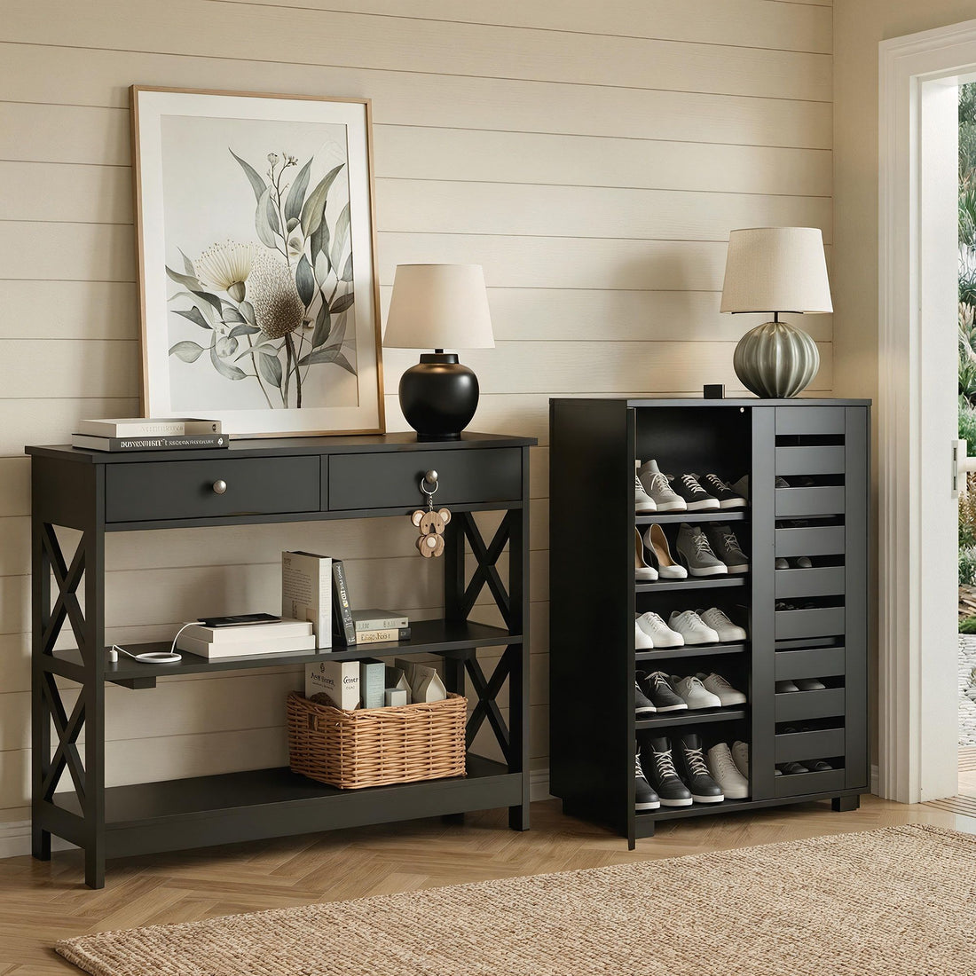 Artiss Shoe Rack Cabinet &amp; Console Table Set Storage Shelf Black-Furniture > Living Room > Shoe Storage-PEROZ Accessories