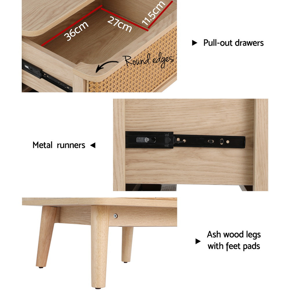 Artiss Rattan Bedside Table Drawers Side End Table Storage Nightstand Oak NORA-Furniture &gt; Bedroom-PEROZ Accessories