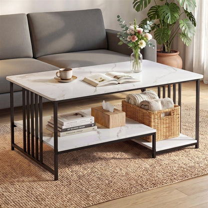 Artiss Coffee Table 100cm Faux Marble Finish Center Table 2-Tier Storage White&amp;Black