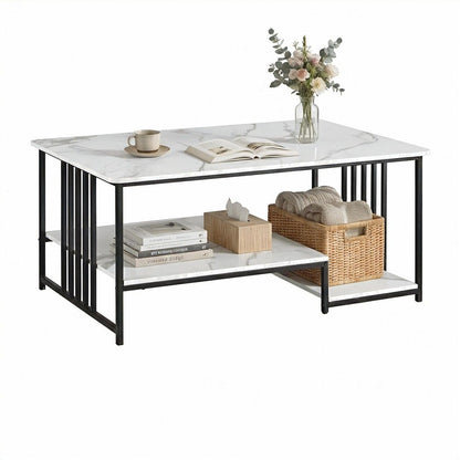 Artiss Coffee Table 100cm Faux Marble Finish Center Table 2-Tier Storage White&amp;Black