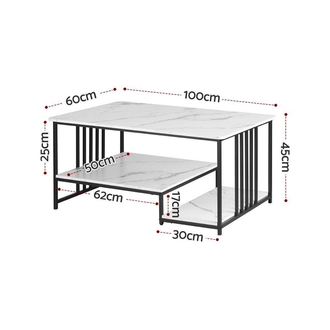 Artiss Coffee Table 100cm Faux Marble Finish Center Table 2-Tier Storage White&amp;Black
