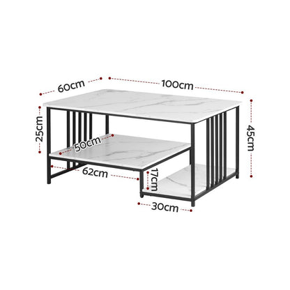 Artiss Coffee Table 100cm Faux Marble Finish Center Table 2-Tier Storage White&amp;Black