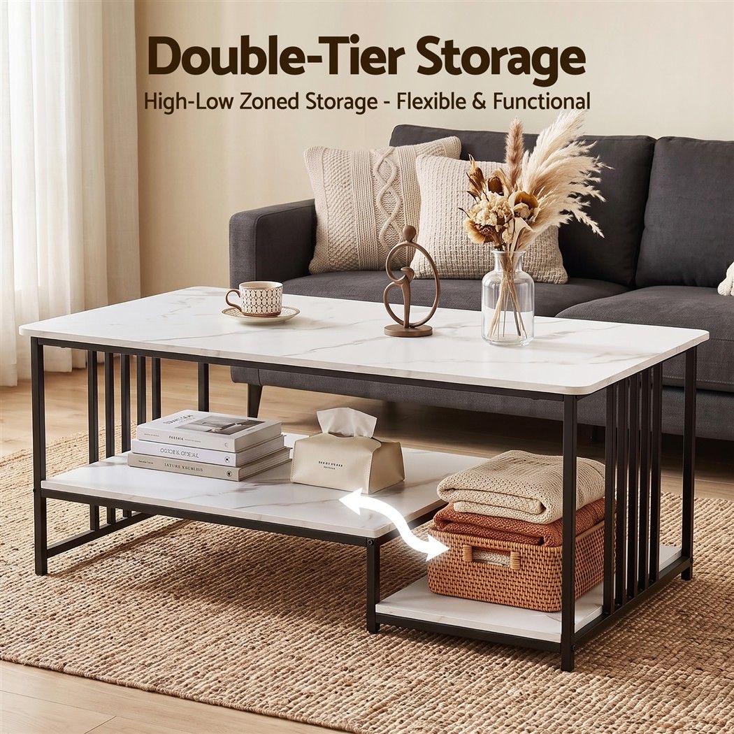 Artiss Coffee Table 100cm Faux Marble Finish Center Table 2-Tier Storage White&amp;Black