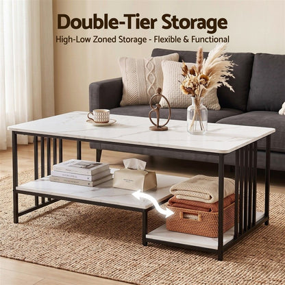 Artiss Coffee Table 100cm Faux Marble Finish Center Table 2-Tier Storage White&amp;Black