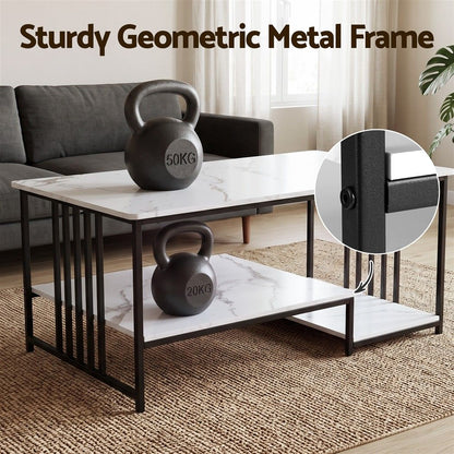Artiss Coffee Table 100cm Faux Marble Finish Center Table 2-Tier Storage White&amp;Black