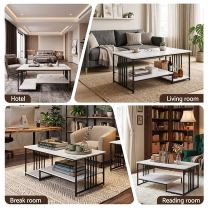Artiss Coffee Table 100cm Faux Marble Finish Center Table 2-Tier Storage White&amp;Black