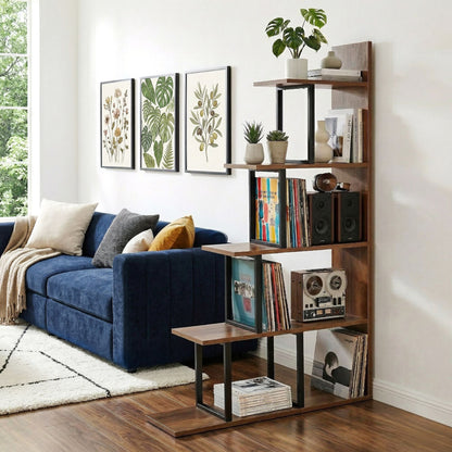 Artiss 5 Tiers Bookshelf Ladder Corner Shelf Bookcase Walnut-Furniture > Living Room > Bookcases &amp; Shelves-PEROZ Accessories