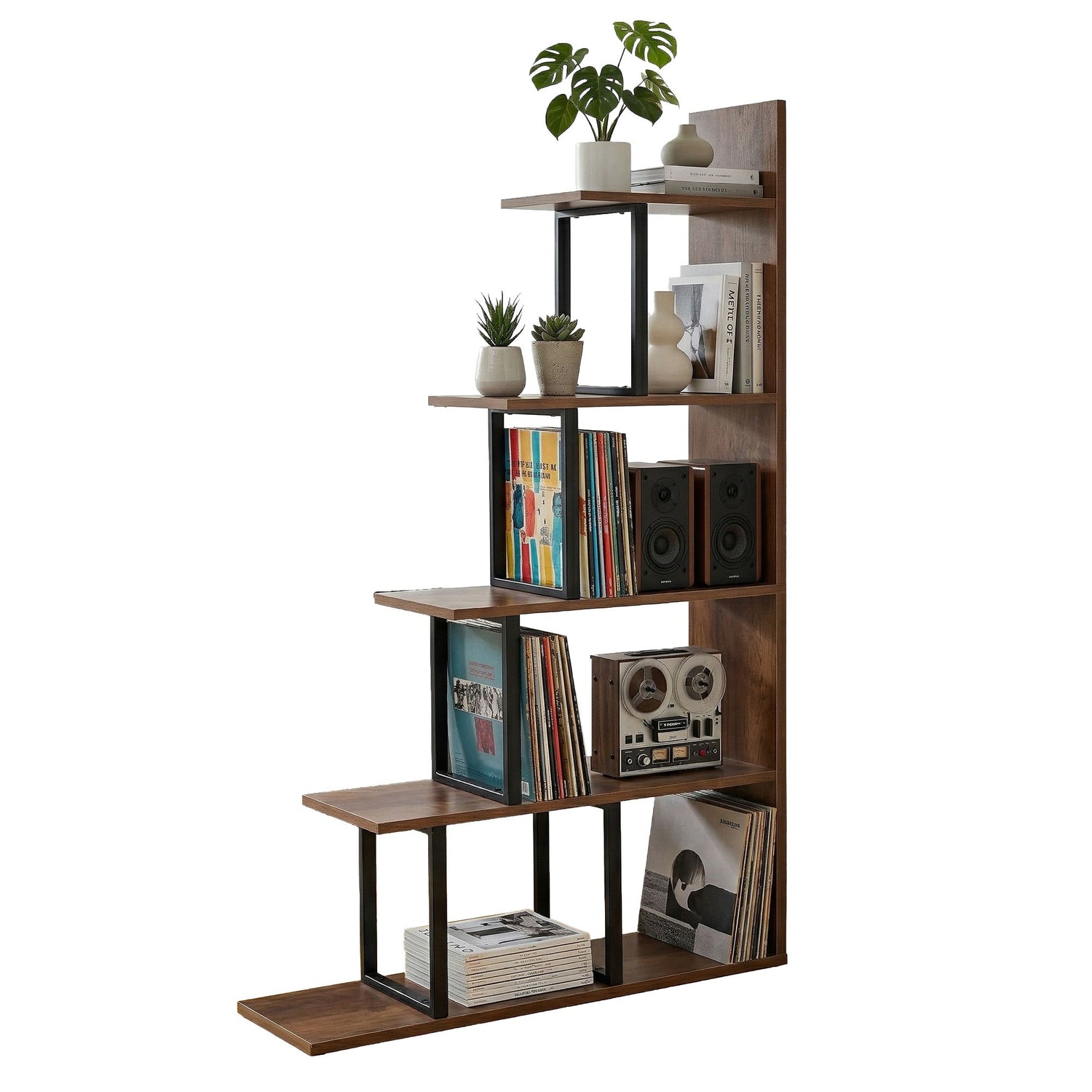 Artiss 5 Tiers Bookshelf Ladder Corner Shelf Bookcase Walnut-Furniture > Living Room > Bookcases &amp; Shelves-PEROZ Accessories