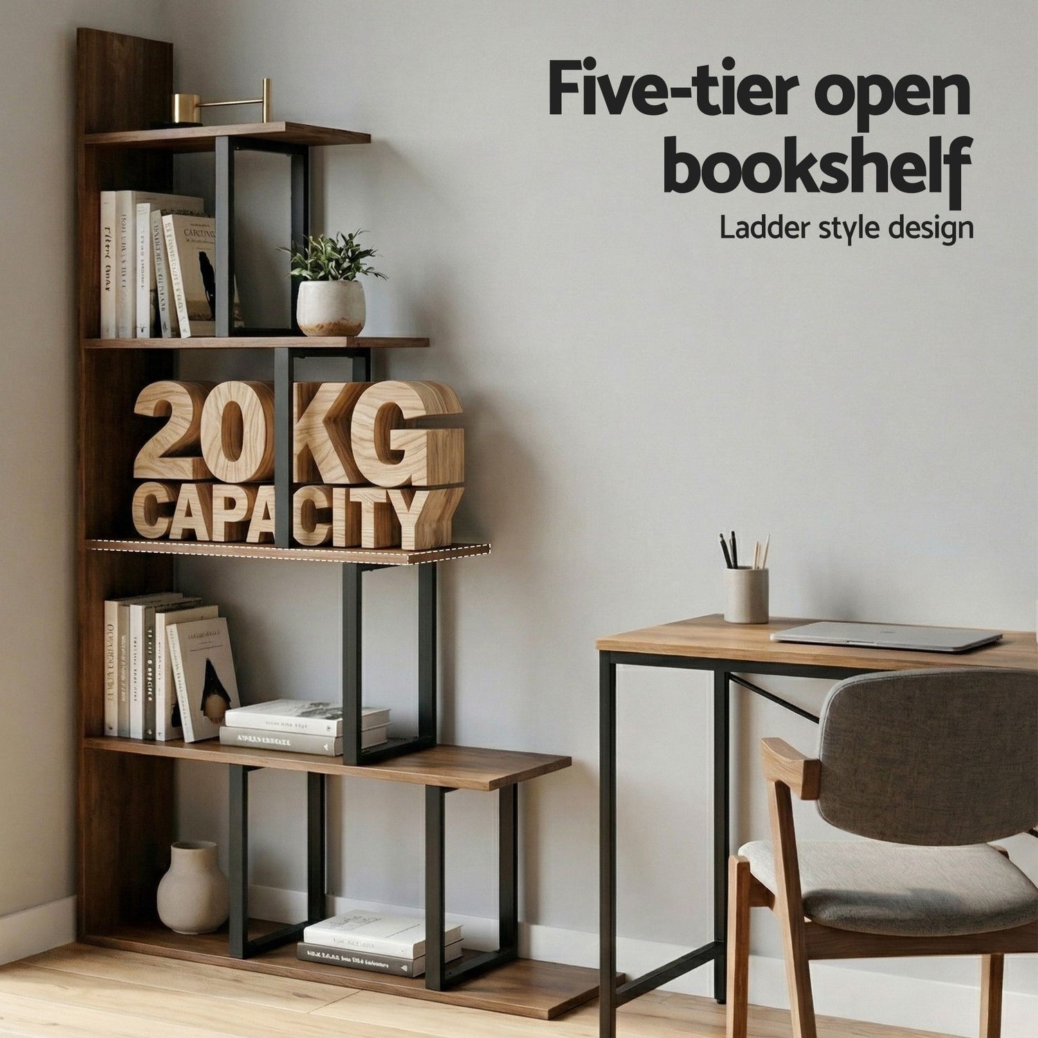 Artiss 5 Tiers Bookshelf Ladder Corner Shelf Bookcase Walnut-Furniture > Living Room > Bookcases &amp; Shelves-PEROZ Accessories