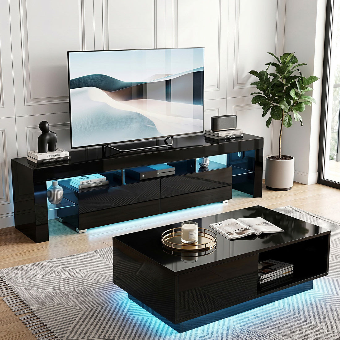 Artiss LED TV Unit &amp; Coffee Table Set Storage Cabinet Black