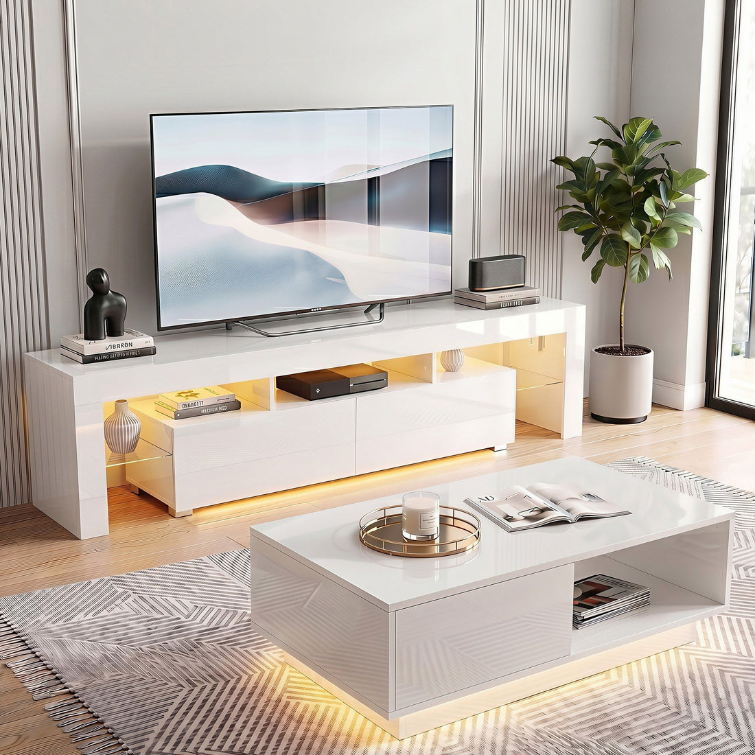 Artiss LED TV Unit &amp; Coffee Table Set Storage Cabinet White