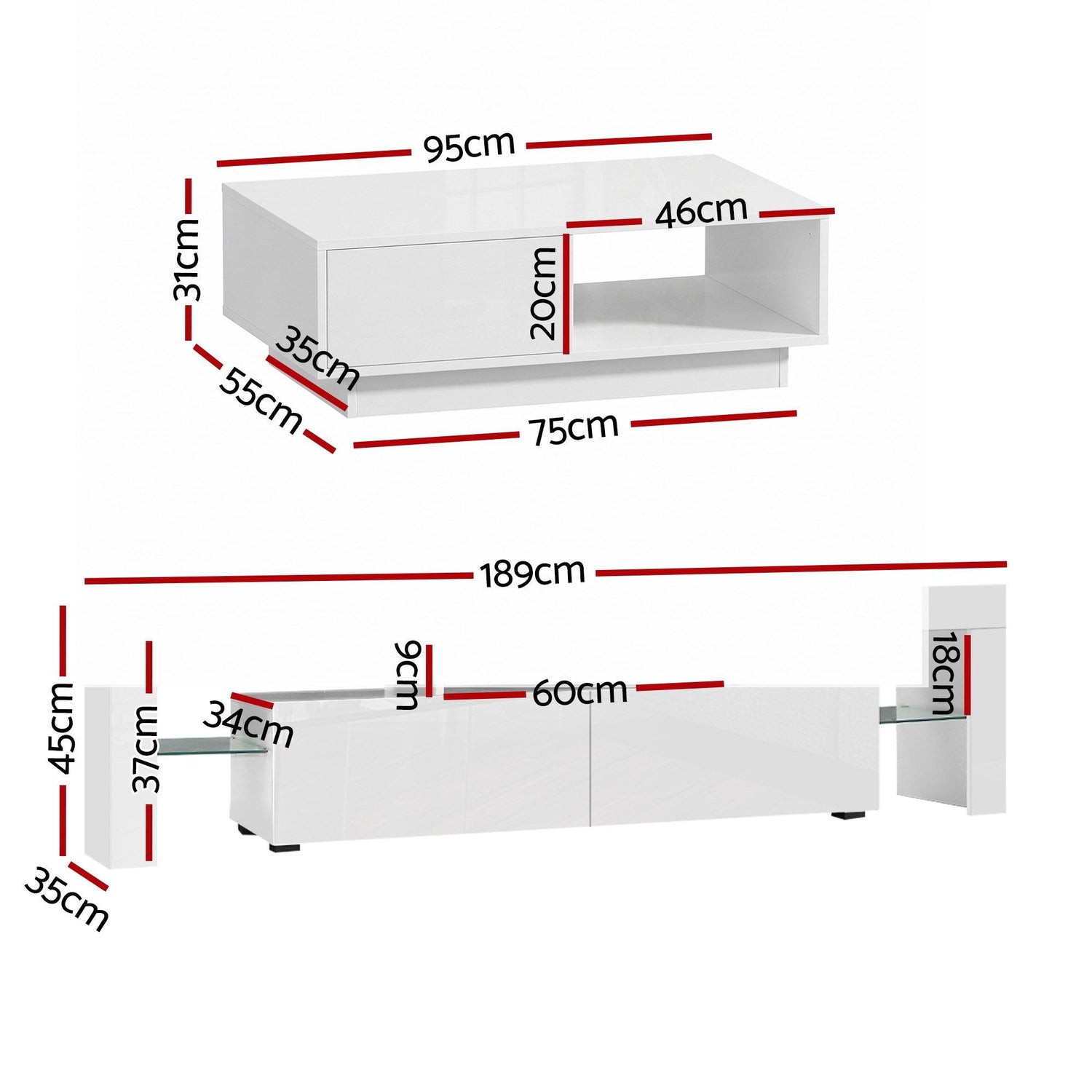 Artiss LED TV Unit &amp; Coffee Table Set Storage Cabinet White
